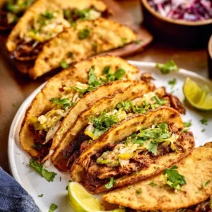 MISSISSIPPI CHICKEN TACOS YOUR NEW OBSESSION 5 A plate of three Mississippi Chicken Tacos topped with ranch dressing and sliced pepperoncini peppers.