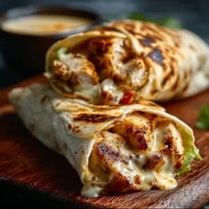 NEXT LEVEL CHEESY GARLIC CHICKEN WRAPS 5 Two Cheesy Garlic Chicken Wraps on a plate, sliced in half to reveal the melted cheese and savory chicken filling.