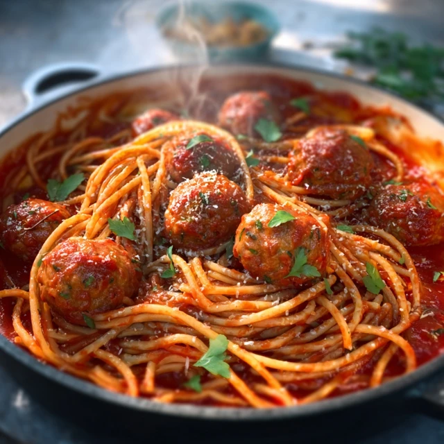 ONE-POT SPAGHETTI AND MEATBALLS REDEFINED 1 A delicious skillet of one-pot spaghetti and meatballs simmering in a rich tomato sauce, garnished with fresh basil.
