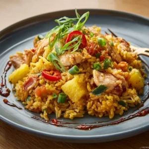 A vibrant bowl of Thai Pineapple Fried Rice with Chicken, garnished with cashews and cilantro, served in a pineapple shell.