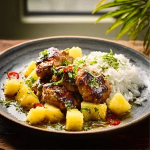 A delicious bowl of Pineapple Coconut Chicken and Jasmine Rice, garnished with fresh herbs and ready to serve.