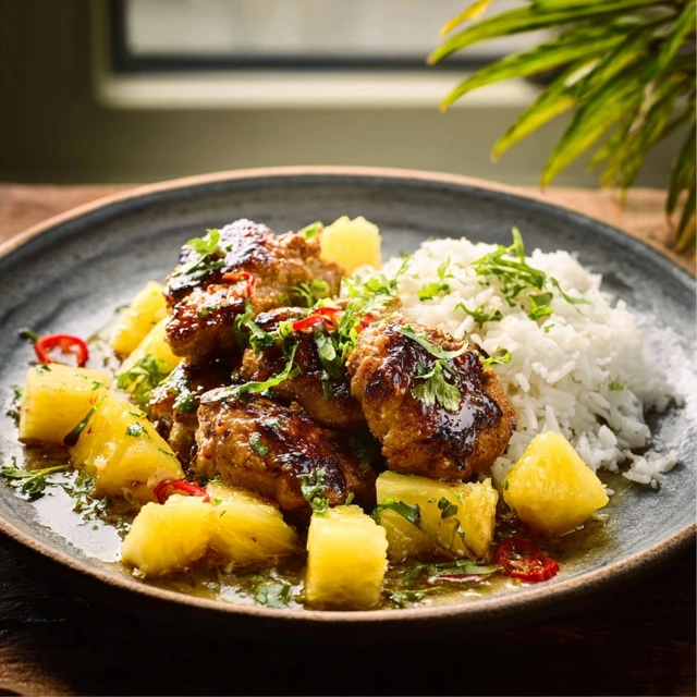 PINEAPPLE COCONUT CHICKEN AND JASMINE RICE 1 A delicious bowl of Pineapple Coconut Chicken and Jasmine Rice, garnished with fresh herbs and ready to serve.
