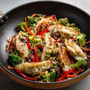 POTSTICKER STIR FRY THE ULTIMATE HACK 5 A colorful Potsticker Stir Fry with broccoli, carrots, and bell peppers sizzling in a skillet, coated in a savory sauce.