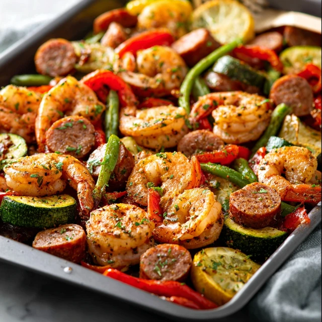 SIZZLING CAJUN SHRIMP AND SAUSAGE SHEET PAN 1 A colorful Cajun Shrimp and Sausage Sheet Pan with bell peppers, onions, and andouille sausage fresh from the oven.