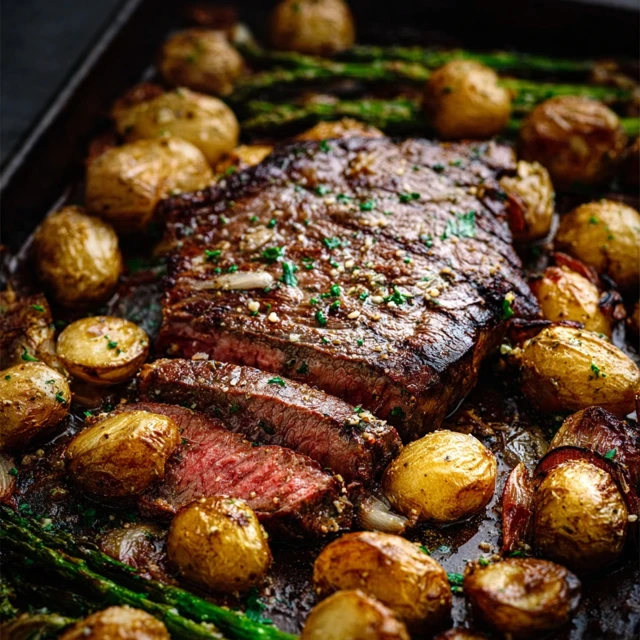 SIZZLING STEAK AND POTATO SHEET PAN 1 A Steak and Potato Sheet Pan with juicy steak bites, roasted potatoes, and broccoli, drizzled with garlic butter.