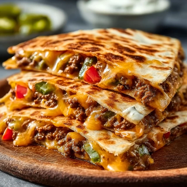SMASHBURGER QUESADILLAS THE ULTIMATE FOOD MASHUP 1 Crispy, golden-brown Smashburger Quesadillas cut in half, revealing a cheesy beef patty filling.