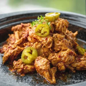 A serving dish of tender, shredded Spicy Mississippi Chicken with pepperoncini peppers and a rich, savory gravy.