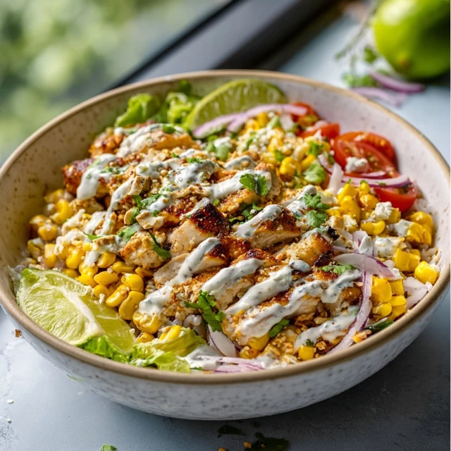 STREET CORN CHICKEN BOWL YOUR NEW OBSESSION 1 A vibrant Street Corn Chicken Bowl with grilled chicken, roasted corn, cotija cheese, and a creamy lime dressing.