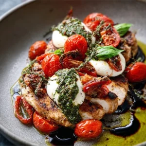 SUN KISSED CAPRESE CHICKEN RECIPE 5 Juicy Caprese Chicken breast topped with melted mozzarella, fresh tomatoes, and basil, drizzled with a balsamic glaze.