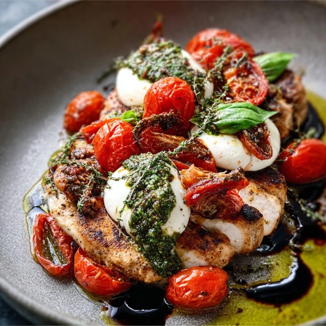 SUN KISSED CAPRESE CHICKEN RECIPE 1 Juicy Caprese Chicken breast topped with melted mozzarella, fresh tomatoes, and basil, drizzled with a balsamic glaze.