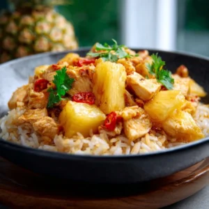 A bowl of Instant Pot Pineapple Chicken and Rice, garnished with fresh green onions and sesame seeds.