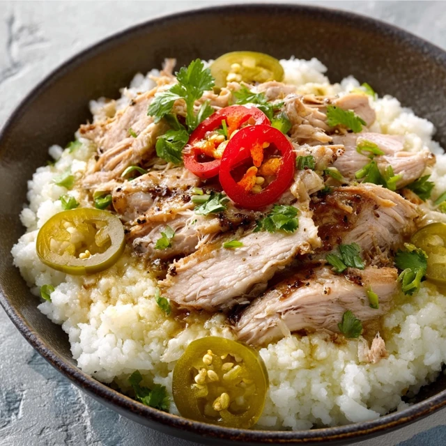 TANGY MISSISSIPPI CHICKEN RICE BOWLS 1 A savory bowl of Mississippi Chicken Rice Bowls with tender shredded chicken and tangy pepperoncini peppers over fluffy rice.