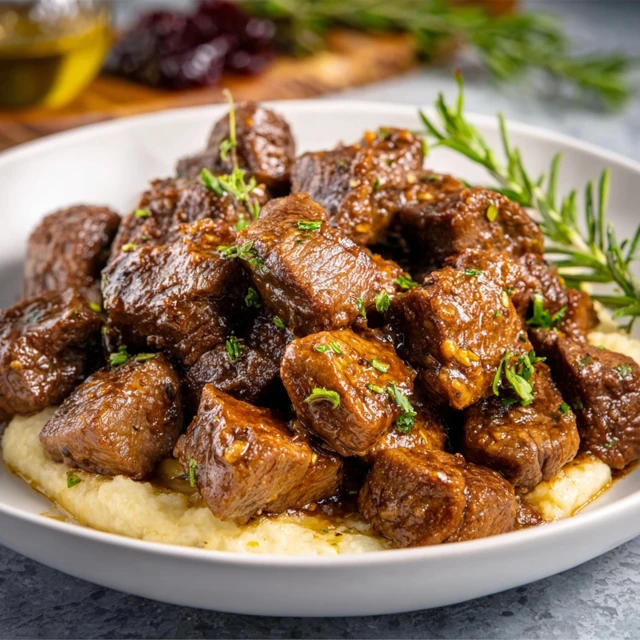 TENDER SLOW COOKER GARLIC BUTTER BEEF BITES 1 A close-up of juicy Slow Cooker Garlic Butter Beef Bites in a savory garlic butter sauce, garnished with fresh parsley.