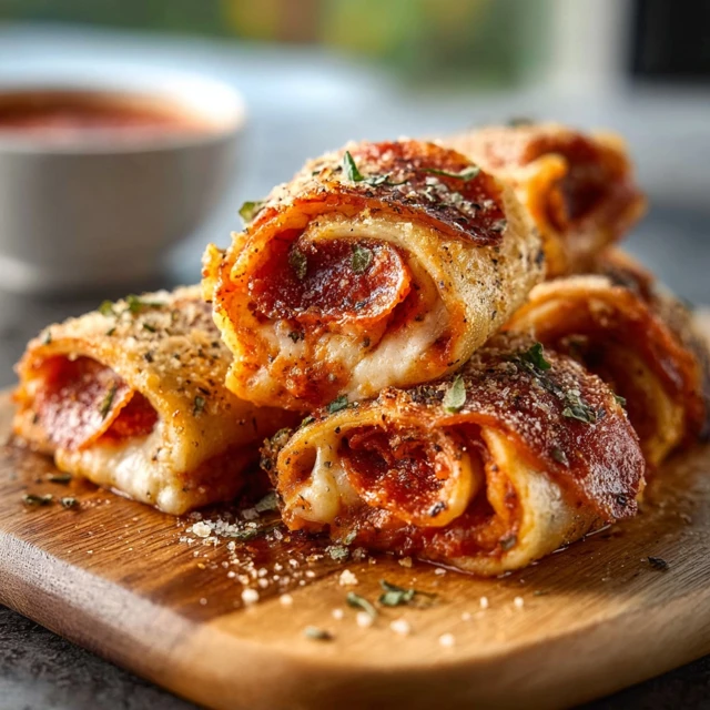 THE ONLY HIGH PROTEIN PEPPERONI PIZZA ROLLS 1 A plate of freshly baked High Protein Pepperoni Pizza Rolls with melted cheese and a side of marinara sauce.