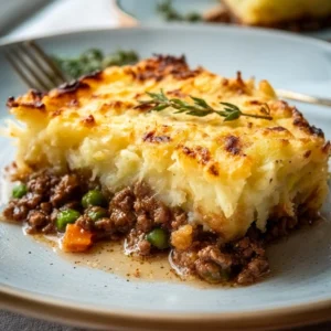 A hearty, homemade Shepherd's Pie with a crispy, golden potato topping, served hot in a rustic baking dish.
