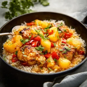 A skillet filled with delicious One-Pot Pineapple Chicken and Rice, garnished with fresh green onions.
