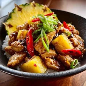 A vibrant Teriyaki Pineapple Chicken Bowl with grilled pineapple chunks, broccoli, and sesame seeds served over white rice.