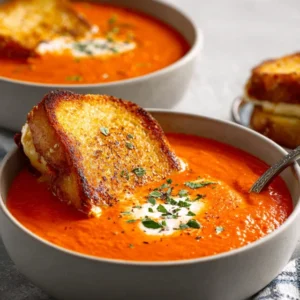 ULTIMATE CREAMY TOMATO SOUP & GRILLED CHEESE 5 A warm bowl of creamy tomato soup & grilled cheese, with the sandwich cut in half and ready for dipping.