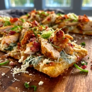 A golden-brown Mississippi Chicken Flatbread Pizza topped with shredded chicken, melted cheese, and pepperoncini peppers.