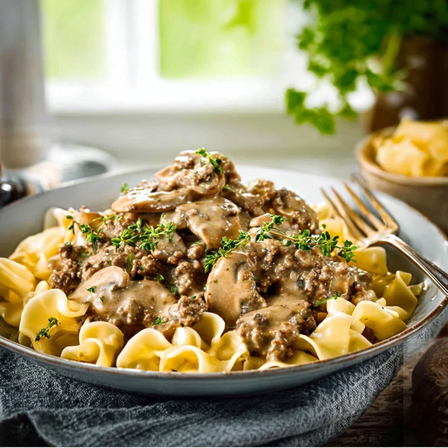 WEEKNIGHT GROUND BEEF STROGANOFF WINNER 1 A white bowl of creamy Ground Beef Stroganoff served over egg noodles and garnished with fresh parsley.