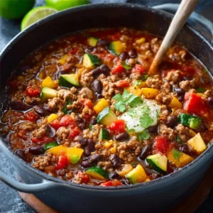 WINNING SLOW COOKER TURKEY & BEAN CHILI 5 A hearty bowl of Slow Cooker Turkey & Bean Chili garnished with fresh cilantro and a dollop of sour cream.