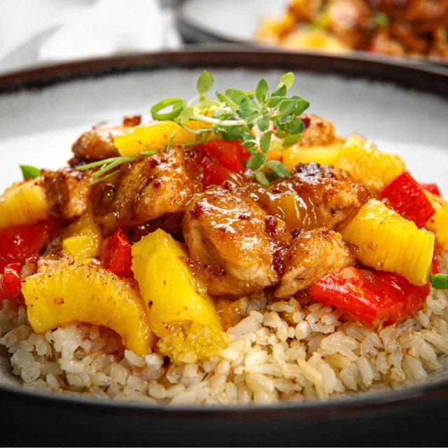 ZESTY MANGO PINEAPPLE CHICKEN AND RICE 1 A colorful bowl of Mango Pineapple Chicken and Rice, garnished with fresh cilantro and served over fluffy white rice.