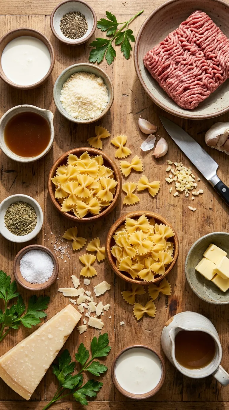 Creamy Parmesan Garlic Beef Bowtie Pasta Ingredients