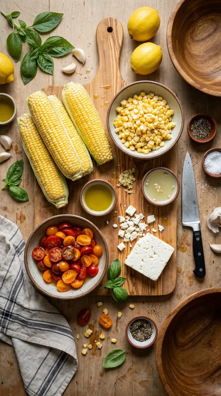 SUMMER CORN AND TOMATO SALAD WITH FETA IS A 5 MINUTE WINNER 2 Summer Corn and Tomato Salad with Feta Ingredients