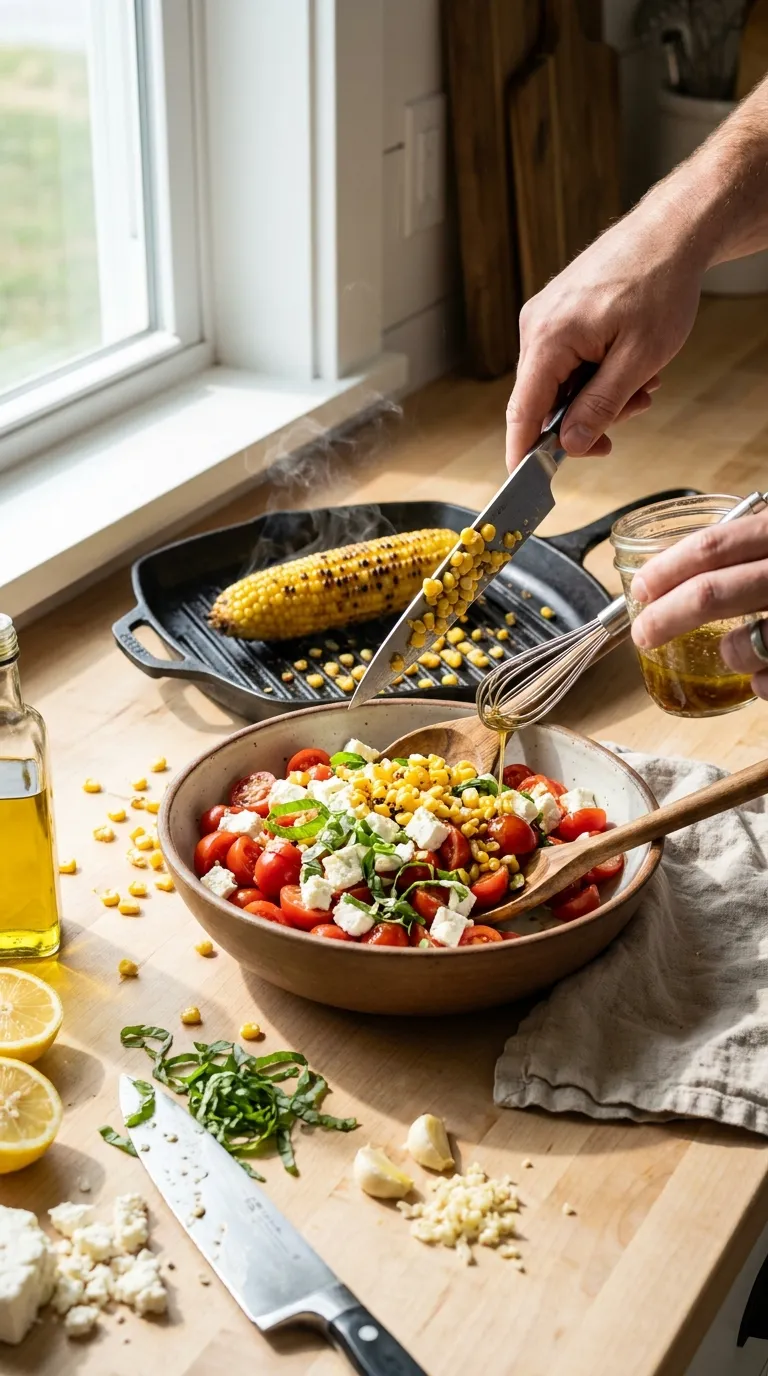SUMMER CORN AND TOMATO SALAD WITH FETA IS A 5 MINUTE WINNER 3 How to Make Summer Corn and Tomato Salad with Feta