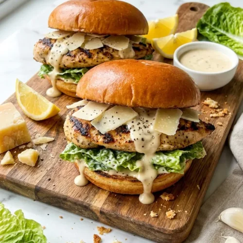 Juicy Chicken Caesar Burger with parmesan crisp and romaine lettuce on a toasted bun.