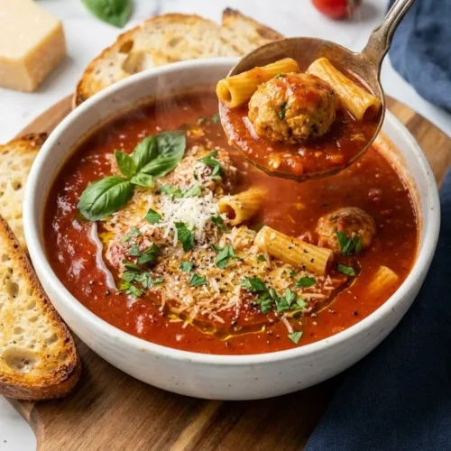 Hearty Chicken Parmesan Meatball Soup with melted mozzarella and fresh basil