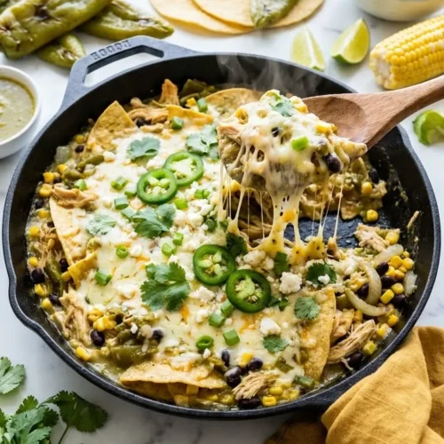 Green Chile Chicken Enchilada Skillet with melted cheese, tortillas, and creamy green sauce.