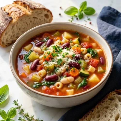 Hearty Olive Garden Minestrone Soup bowl with fresh vegetables and herbs