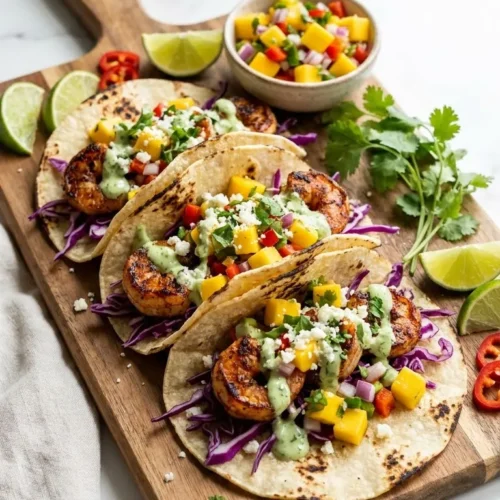 Super Bowl Shrimp Tacos with Mango Salsa topped with cilantro and lime on a platter